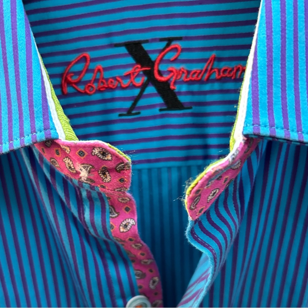Robert Graham X Men’s Button Up Shirt Blue/Purple Stripes Size Medium - Picture 4 of 12